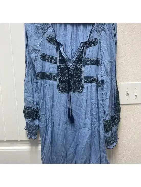 Free People Wind Willow Boho Embroidered Tie Neck Tunic Dress - Picture 2 of 6